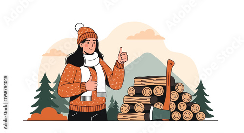 Winter Harvest Season Preparation With Firewood And Axe