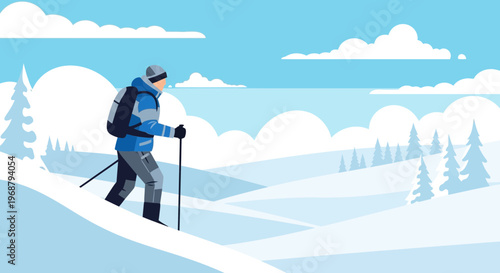 Winter Hiker Ascends Snowy Mountain Path Amidst Crisp Blue Skies