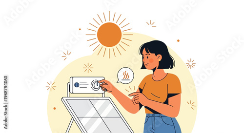 Woman Adjusting Solar Panel Control For Clean Energy Generation Outdoors