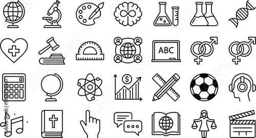 Education and Science Line Icon Set with School, Laboratory, Mathematics, Biology, Religion, Music and Academic Learning Symbols Collection