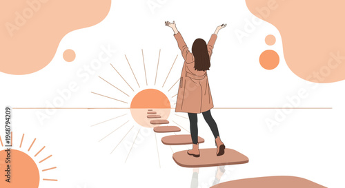 Woman Ascending Path Towards Sun Symbolizing Hope and New Beginnings