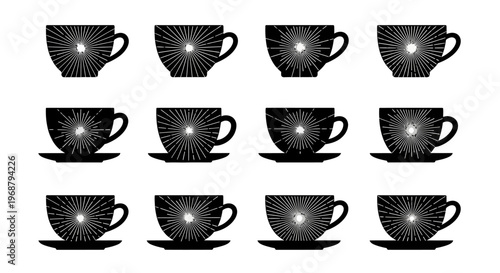 Set of black coffee cups with saucers with a texture of divergent rays in the middle, a flat image for a coffee shop menu