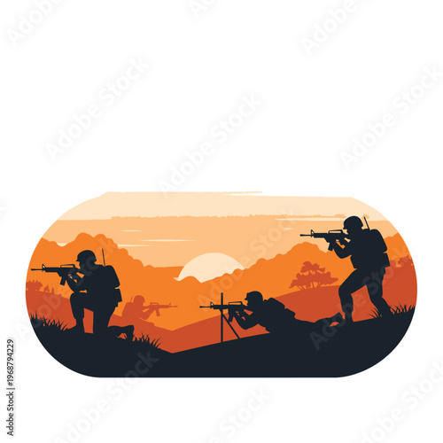 Silhouette soldiers in combat, sunset battlefield, war scene, military operation, army assault