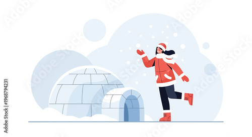 Winter Playtime Joyful Child With Igloo And Snowfall