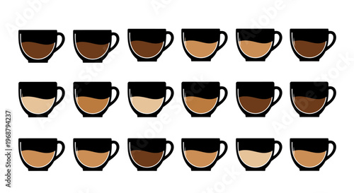 Set of coffee cups with various levels of coffee and milk, representing different coffee drinks like espresso and latte macchiato