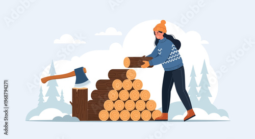Winter Preparation Forest Woman Stacking Firewood
