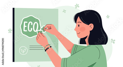 Woman Attaching Eco Sticker Symbol Demonstrating Environmental Awareness