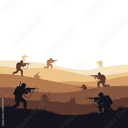 Silhouette Soldiers in Desert Battle Scene, Military Action Illustration