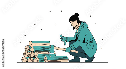 Winter Preparation Woman Chopping Wood For Fireplace Stockpile For Cold Season
