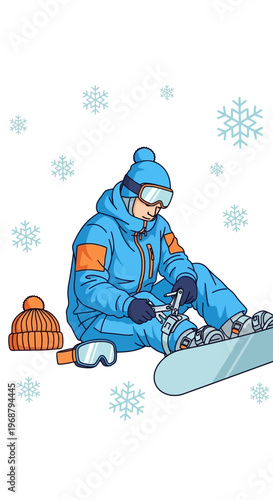 Winter Sport Enthusiast Adjusting Snowboard Bindings Ready For Snowy Adventure