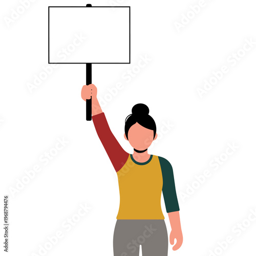 Woman holding blank protest sign, vector illustration, isolated on white background