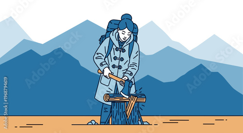 Woman Chopping Wood In Mountains Preparing For Winter