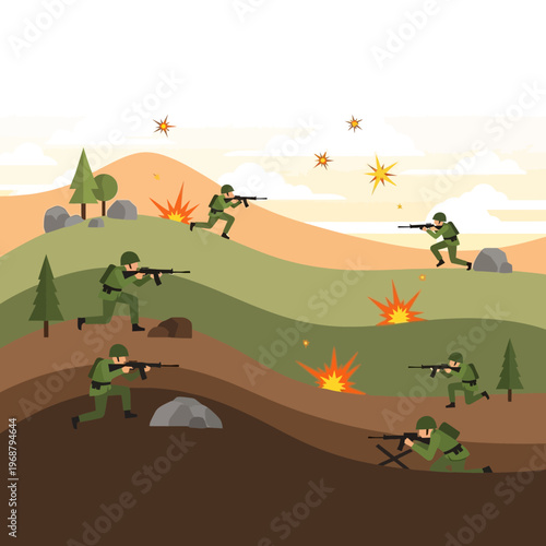 Soldiers in battle, conflict scene, war action, army, flat illustration, landscape