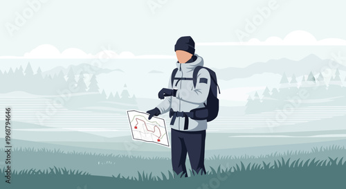 Winter Trekker Navigating Vast Wilderness With Map And Backpack