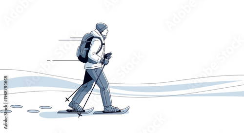 Winter Trekker Navigating Snowy Terrain With Backpack And Ski Poles