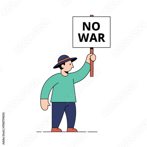 Man holding NO WAR protest sign, peace demonstration, anti-war message, illustration