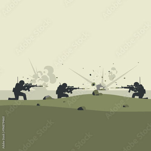 Soldiers in Combat, Firing Rifles with Explosions and Smoke, Military Action Scene
