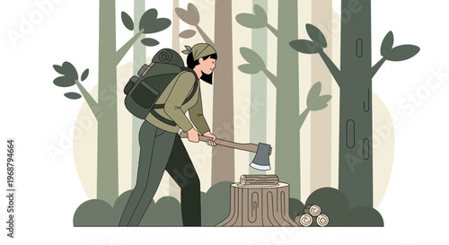 Woman Chopping Wood While Backpacking Through A Forest