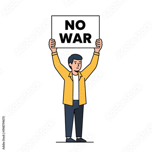 Man holding "NO WAR" sign, peace protest, illustration
