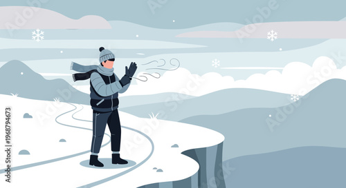 Winter Wanderer On Snowy Cliff Facing Cold Wind Outdoors