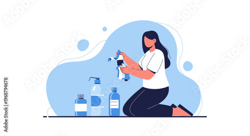 Woman Cleaning With Spray Bottle And Disinfectant Supplies