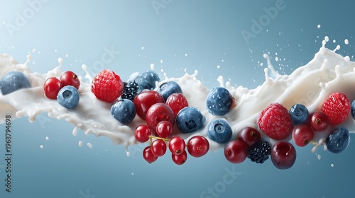 cinematic marketing banner showing milk splash and fresh red strawberries and a variety of ripe berries , brand message space