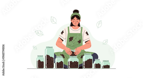 Woman Creating Compost Samples in Jars for Environmental Study