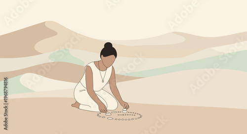 Woman Creating Zen Mandala With Stones On Desert Dunes Serene Activity