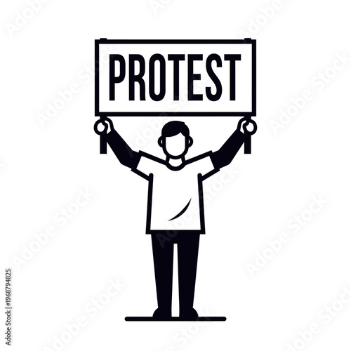 Protest sign held by person silhouette, demonstration, activism concept, social movement, vector illustration