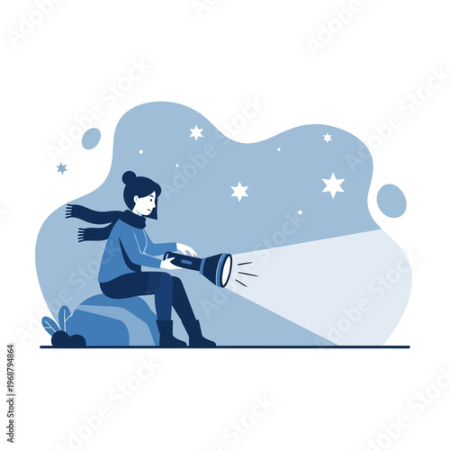 Woman Discovering Stars With Flashlight At Night