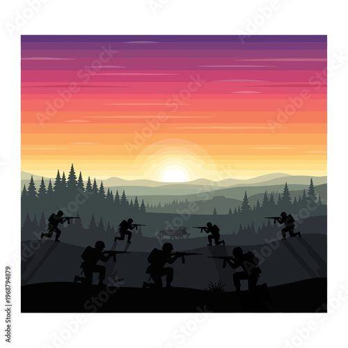 Soldiers in Silhouette Advancing During Sunset Over Forested Hills