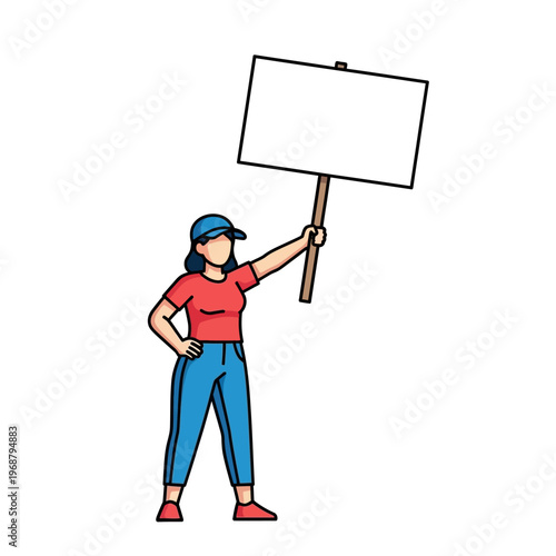 Woman holding blank protest sign, advocating for a cause, illustration
