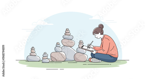 Woman Drawing Balanced Stone Towers In Nature On A Sunny Day