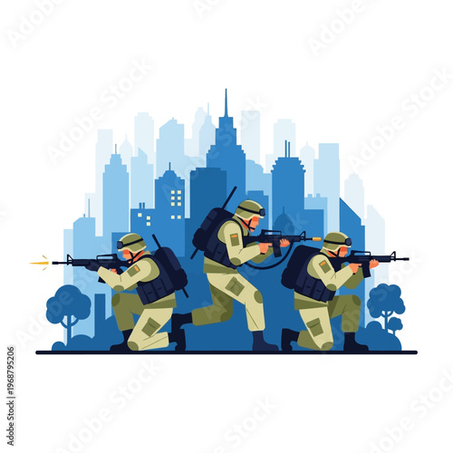 Urban Warfare Soldiers Attack City Skyline Silhouette