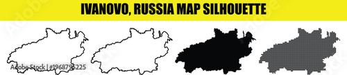 Ivanovo Russia map silhouette, set of black and white maps of Ivanovo region, Russia.