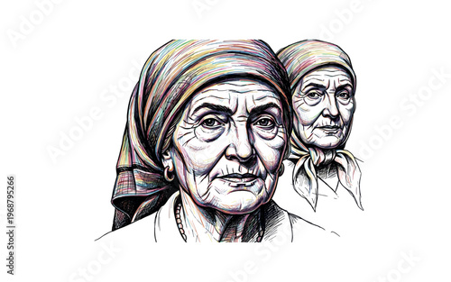 Expressive portrait of two elderly women with colorful headscarves and weathered faces