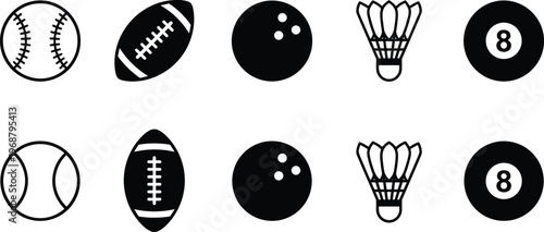 Sports Ball Icon Set with Baseball American Football Bowling Ball Shuttlecock and Billiard Eight Ball Black and White Vector Collection