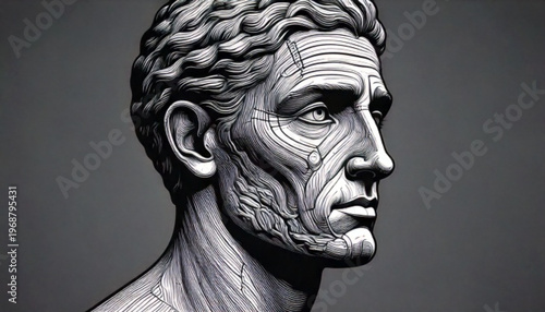 Ancient Roman bust of a stern man in profile view.