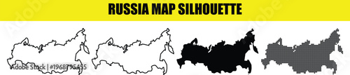 Russia map silhouette bundle with white fill black outline solid shape and halftone pattern version for prints.