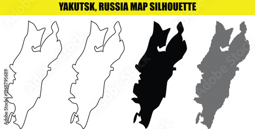 Yakutsk russia map silhouette set, isolated on transparent background, vector graphic.