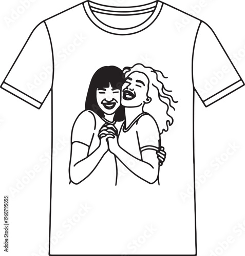 Best Friends Laughing and Hugging Line Art Illustration on White T-Shirt Mockup Vector Icon