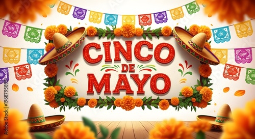 Cinco de Mayo celebration banner with sombreros and festive papel picado decorations