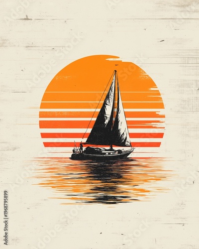 Single sailboat on reflective water under bold orange striped sunset sky in vintage retro illustration with textured background Concept of freedom and exploration