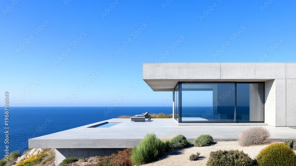 Fototapeta premium Modern concrete villa on cliff, infinity pool, large glass walls offer panoramic blue ocean views, minimalist luxury design. Tranquil seascape. Architecture, Coastal