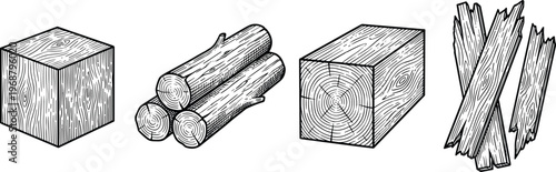 Wood Materials Sketch Vector Set. Hand drawn wood material vector set including logs planks timber and wooden block elements isolated detailed sketch illustration