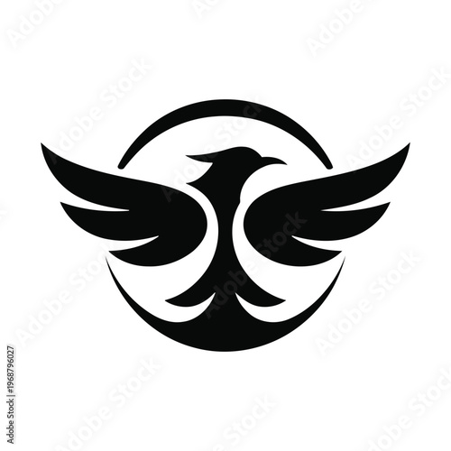 Black silhouette of a phoenix with outstretched wings inside a circular frame spread