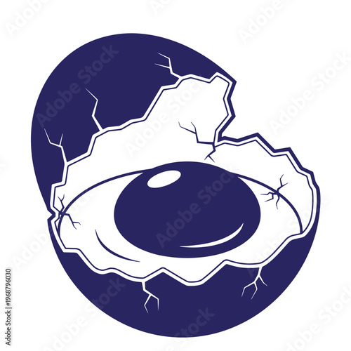 Dark blue and white of a cracked eggshell revealing a raw egg yolk inside with jagged shell fragments and smooth circular shapes isolated on a white background