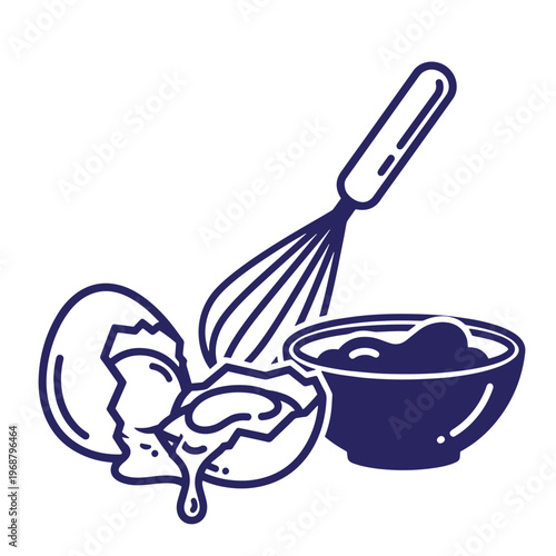 Dark blue line featuring a cracked egg with yolk dripping out next to a wire whisk and a small mixing bowl for baking and cooking preparation