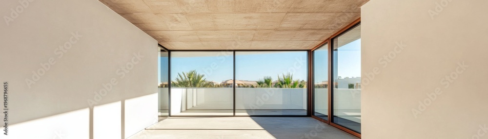 Fototapeta premium Modernist interior showcasing raw concrete ceiling and expansive glass walls, inviting tropical views. Sunlit space with stark shadows, embodying minimalist indoor-outdoor living.