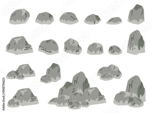 水墨画の雰囲気を取り入れたかわいい和風の岩のイラスト素材セット_明るい